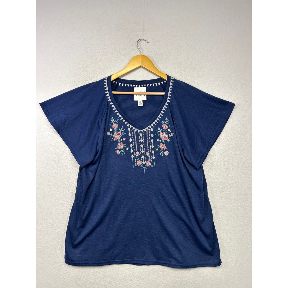 Boho Cottagecore New York Laundry Womens 2X Navy Blue Embroidered Peasant Top